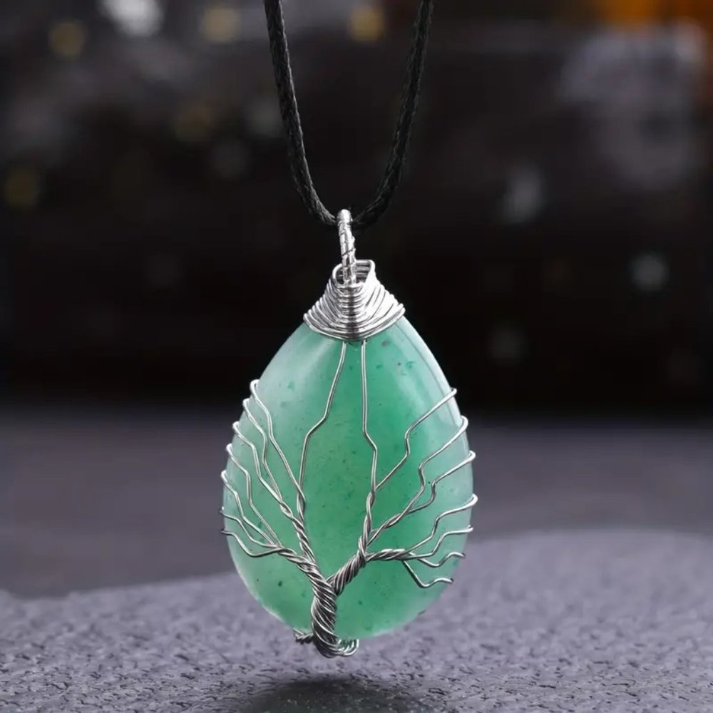 Green Aventurine Natural Gemstone Tree Of Life Wire Wrap Pendant Necklace